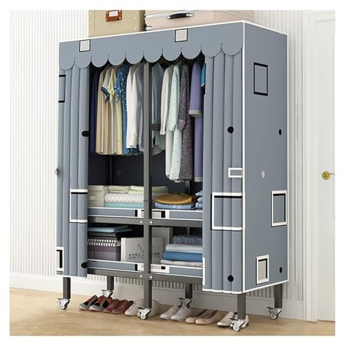 Tragbarer Kleiderschrank mit 360°-Rädern, Faltbarer Kleiderständer mit 2 Kleiderstangen und 4 Regalen für Schlafzimmer (Farbe: Grau-01, Größe: 130 x 50 x 180 cm)