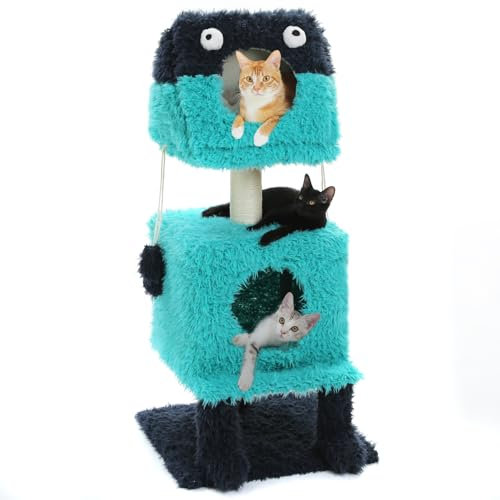 PETEPELA Monster-Stil Katzenhaus mit Kratzstamm, 2 in 1 Katzenhöhle warm, Kratzbaum mit 2 kuschelhöhlen, lustiges Katzenhöhle mit abnehmbaren Katzenbett Katzenkorb für Indoor-Katzen lila