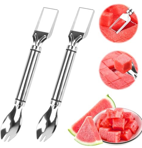 Wassermelonen Schneider, 2 IN 1 Obstschneider aus Edelstahl, 2 Stück Wassermelonengabel-Schneidewerkzeug, Doppelkopf-Obstgabeln-Schneidemesser mit rundem Griff, Wassermelonen-Fruchtschneidegabel