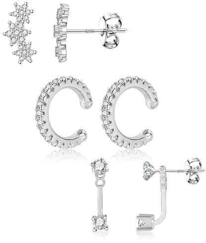 ALEXCRAFT Glitzer Ohrringe Silber 925 Set mit Zirkonia Cuff Ohrstecker Silber für Frauen Freundin Mama Mädchen 3 Paar