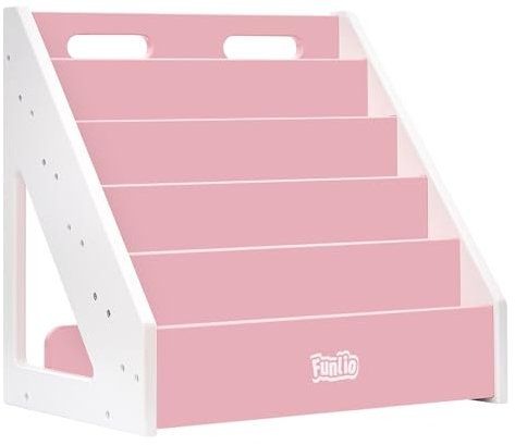 FUNLIO Estantería Montessori para Niños de 1 a 5 Años, Estantería Frontal con Asas y Sistema Anti-Vuelco, Estantería Infantil de Pino Guardería/Aula - Rosa & Blanco