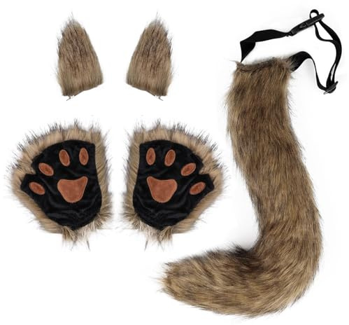 5-Teiliges Wolf Fuchsohren und Schwanz Set,Flauschiger Schwanz Ohren und Pfoten Handschuhe Set Halloween Party Faschingskostüm Halloween Wolf Fuchs Schwanz Clip Ohren,für Kinder oder Erwachsene