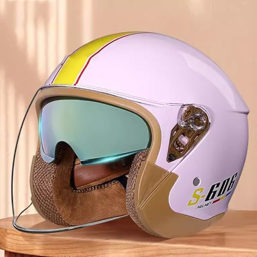 QJWMatic Four Seasons Doppelvisier Jethelm Fashion Open Face 3/4 Halbhelme Motorrad Retro Herren Damen Helm für Moped Moped Roller ATV ECE Zertifiziert D,54-60CM