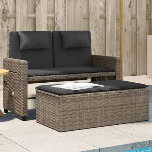 SDWEHO7 2-in-1-Gartenbank mit Verstellbare Füße und klappbare Ablagen, UV-beständig, Balkonbank wetterfest, Terrassenbank, Garten-Relaxbank, Grau Poly Rattan