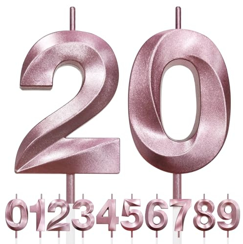 20th Candela di Compleanno Glitterata Oro Rosa, 3D Design Candele Numero, Decorazioni Cake Topper, Candela per Torta per Festa di Compleanno, Anniversario di Matrimonio, Decorazione di Festa