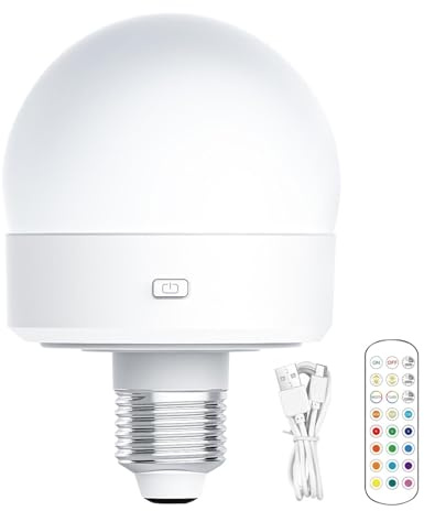 Bombilla recargable de batería – Bombilla de batería LED E26 regulable con batería | Bombilla con mando a distancia y temporizador, bombilla LED de 1800 mAh con 3 colores