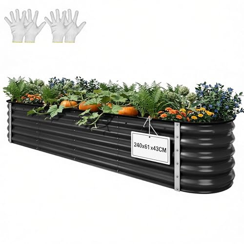 YITAHOME Jardinière surélevée d'extérieur métal 240x61x43cm, kit de jardinière surélevée en Acier Inoxydable Zinc-Aluminium-magnésium renforcé avec Caoutchouc de Protection pour légumes(Noir)