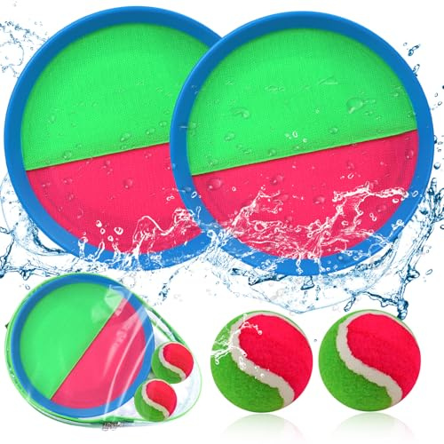 ECJWEI Toss and Catch Ball Set, Paddle Catch Ball and Toss Game for Kids, Great Beach Games/Backyard Games/Outdoor Game for Kids and Family (2, Watermelon red)
