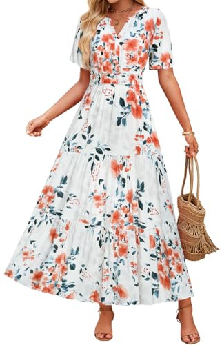 ZESICA Women's 2026 Summer Spring Floral Boho Maxi Dresses Casual Short Sleeve V Neck A Line Flowy Beach Vacation Dress Ivory Large