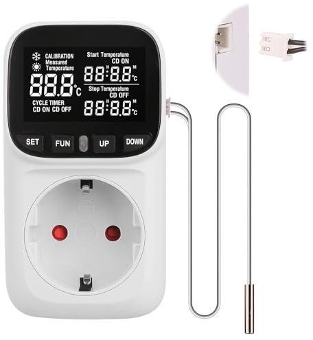 SKIKHN Digital Temperaturregler Steckdose, 230V Digital Thermostat Steckdose mit Fühler, Temperaturwächter mit Heiz- und Kühlmodus, Countdown Temperaturregler für Gewächshaus, Terrarium, Kühlschrank