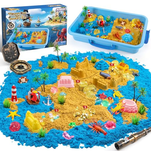 KNASON Piraten Schatzkiste Sand Toy Set Junge,Zaubersand Koffer mit 1KG Magic Toy Sand,im Dunkeln leuchtende Edelsteine und Karte,Rollenspiel Sandkasten Spielzeug für Kinder ab 3 4 5 6 7 8