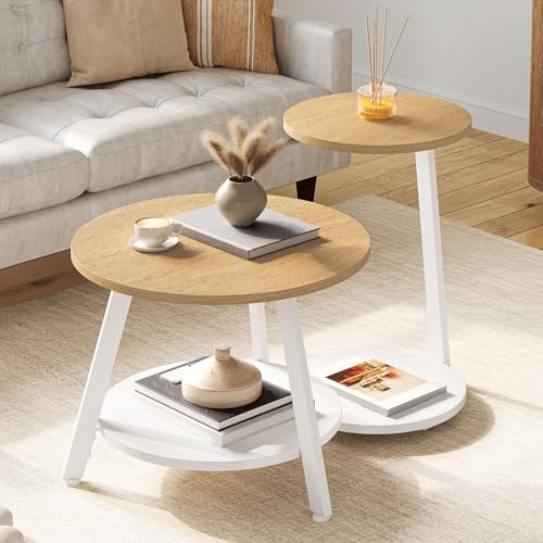YITAHOME 2er Set Couchtisch Set Rund, Wohnzimmertisch mit Stauraum, Beistelltisch 2er Set Stapelbar mit Holzplatte und Metallrahmen, C-förmiger Beistelltisch, Couch Tisch Wohnzimmer, Naturholzfarbe