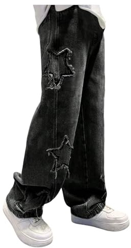 SHENHE Boy's Star Baggy Jeans Teen Boys Straight Wide Leg Denim Pants with Pockets Black 12-13Y