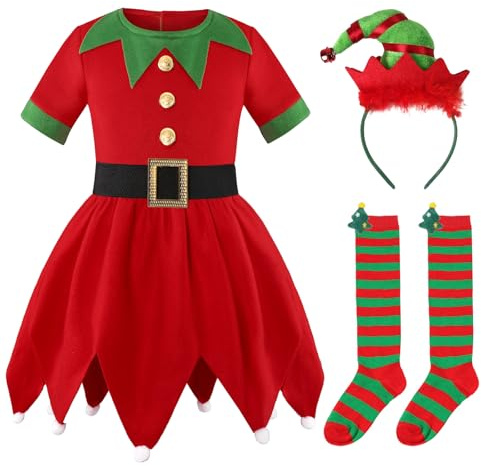 TAGVO Costume da Elfo Natalizio per Bambini, Abito Natalizio Elegante con Cerchietto Natalizio Calzini, Set di Abiti da Festa Natalizi per Bambine Dai 3-11 Anni