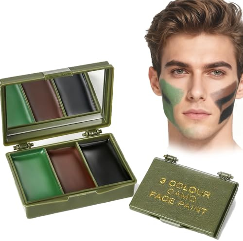Virecose Maquillage de camouflage Crème, Peinture Camouflage 3 Couleurs Noir, Olive, Marron, Palette de Peinture Compacte pour Visage de Camouflage avec Miroir pour le Visage, les Bras