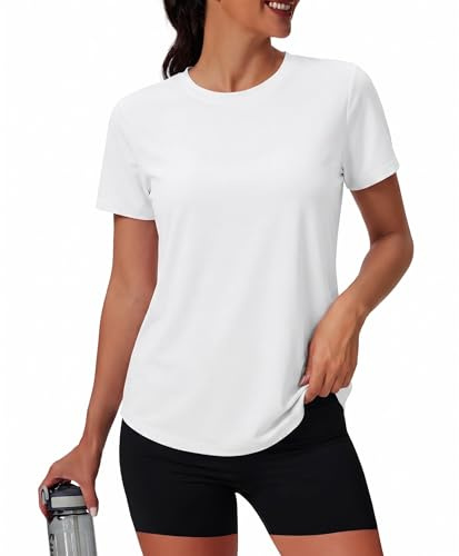 PINSPARK Maglia da allenamento morbida da donna, a maniche corte, con protezione UV, ad asciugatura rapida, per sport, nuoto, esercizio, escursionismo, viaggi, bianco, XL