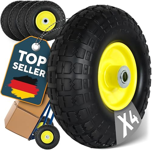 FROSAL Ersatzrad 4.10/3.50-4 (260×85) – 2 Stück – pannensicheres PU-Rad mit Kugellager – Nabenlänge 50 mm – Achse Ø 16 mm – gelbe Stahlfelge – für Bollerwagen & Sackkarren