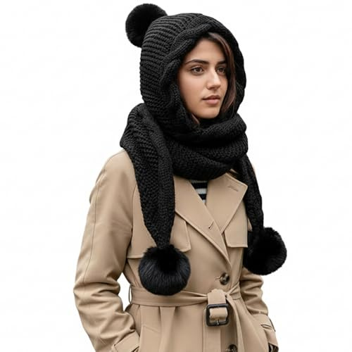 ZoeyShine 3-in-1 Knit Hooded Scarf Hat with Faux Fur Pompom – Warm Hooded Winter Hat for Women, Soft Knitted Earflap Design, Windproof Cold-Weather Outdoor Wear Accessories (Black Cozy)