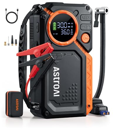 AstroAI Starthilfe Powerbank für pkw mit Kompressor, 8000A Auto starthilfe | Starter powerbank alle Benzin/12L Diesel, Motorräder, SUVs, auto starthilfe powerbank mit LED-Display, komplettes Zubehörset