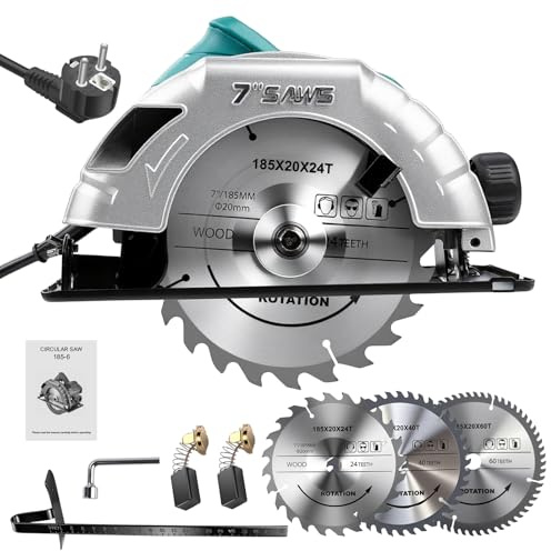 Sega Circolare Elettrica da 1200W, 220V 5200 Giri/Min Potente Sega Circolare A Velocità Variabile, Angolo E Profondità Regolabili, con 3x Lame 185mm, per Lavorazione Del Legno Domestica, Tubi In PVC