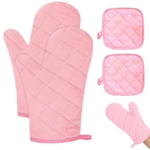 Pink Oven Gloves Set of 4, Heat Resistant Oven Gloves Pink, Small Oven Glove Mitts for Women, Cotton Non-Slip Cooking Gloves, Pin k Kitchen Accessories for Cooking Baking Kitchen Microwave Pizza