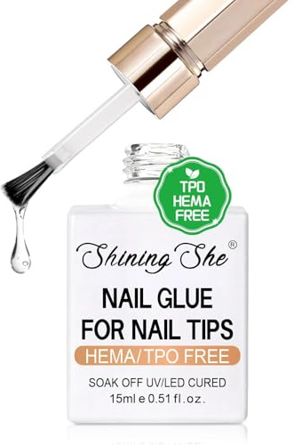 Shining She nagellim för konstgjorda naglar, TPO-Free HEMA-Free, 1 st klar | Extra stark nagellim gel för nageltips UV/LED-härdning, nagellim för tips falska naglar press på naglar strass-lim, 15 ml