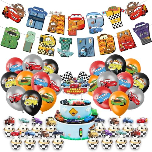 Car Birthday Party Decorations Banner Cake Cupcake Toppers, Balloons for Car Game Birthday Supplies