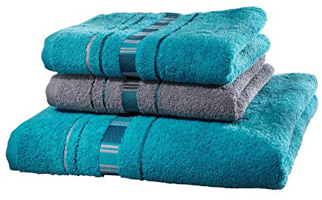 Erwin Müller Frottier Handtuch-Set, Frottier-Set - Achern - 2 Handtücher und 1 Duschtuch - beidseitige Schlaufen - strapazierfähig - voluminös - Petrol/grau - blau hellblau, 100% Baumwolle - 500g/m²