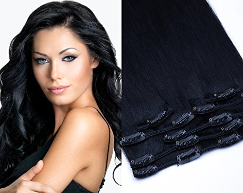 Clip In Extensions Echthaar Haarverlängerung GlamXtensions 7 - teilig in der Farbe Nr. 01 Schwarz und Länge 45cm / Gewicht 85g - Remy Echthaar