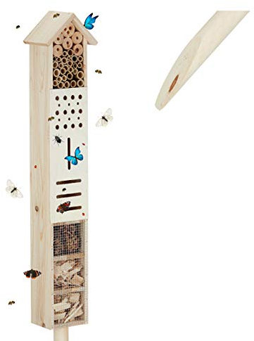 Relaxdays Insektenhotel mit Erdspieß, Nisthilfe Garten, groß, stehend, Bienenhotel Wildbienen, Holz, 148 cm hoch, natur 16T x 148B x 11H cm