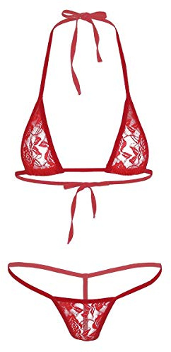 YOOJIA Dam minibikini sexiga baddräkter 2-delad blommig spets mikrostring brelette grimma och G-string brasiliansk micro thong tangas underkläder, Färg: röd, One size