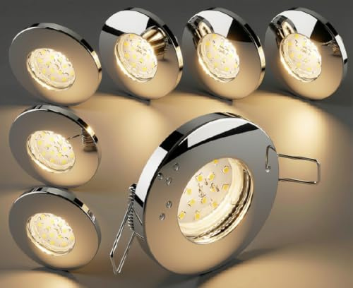 Trango 6er Set 6729IP65-068MOSD IP65 LED Einbaustrahler aus Edelstahl poliert incl. 6x 3000K warmweiß 3-Stufen dimmbar Ultra Flach LED Modul für Bad, Dusche, Einbauspots, Deckenstrahler, Deckenlampe