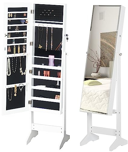 HOMCOM Jewelry Cabinet Standing Mirror Full Length Makeup Lockable Armoire Storage Organizer White
