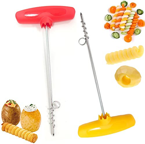 2 Piezas Cuchillo en Espiral para Tallar Verduras, Cortador en Espiral, Cuchillo en Espiral para Frutas y Verduras, Cortador Manual en Espiral para Patatas, Pepino, Zanahoria, Barbacoa(Amarillo, Rojo)