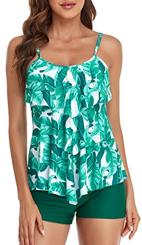 FLYILY Maillot de Bain 2 Pièces Femme Tankini Ensembles à Volants Maillot Haut Imprimé avec Short de Garçon Maillots de Bain Grande Taille