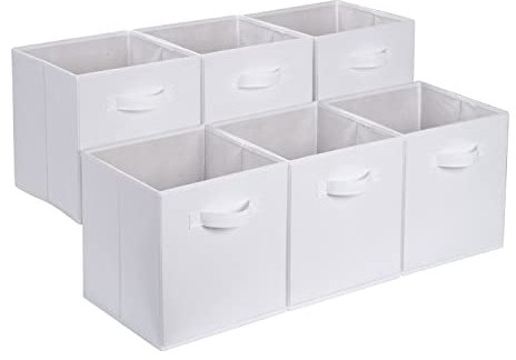 Amazon Basics zusammenklappbarer Aufbewahrungswürfel/Organizer aus Stoff mit Griffen, 33 cm x 33 cm x 33 cm, Einfarbig Weiß, 6 Stück
