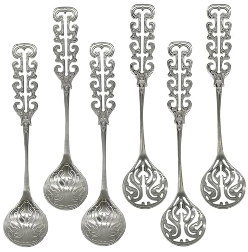 Pinenjoy 6Pcs Vintage Coffee Spoons 18/10(304) Stainless Steel Sugar Stirring Spoon Retro Royal Style Teaspoon with Slotted Design for Dessert Ice Cream Milk Porridge