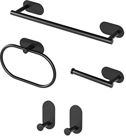 Sarsumir Accessori Bagno Set di 5 - Porta Asciugamani Bagno Adesivo, Porta Carta Igienica, Anello Portasciugamani, Ganci Adesivi, Nero