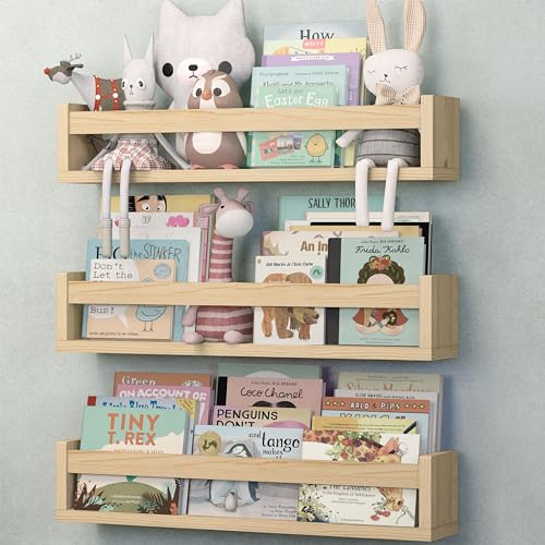 NATURE SUPPLIES Juego de 3, estantes flotantes para libros para cuarto de niños en madera natural, 23.1 estantes flotantes para libros, estante de pared para libros para decoración de cuarto de niños