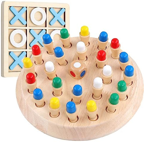 XNFIVE Memory Spiel Schach Holz und Tic-Tac-Toe Spiel, Hölzernes Gedächtnis Lernspielzeug Holz,Gedächtnisspiele Schachspiel Farbkognitive Spielzeug für Kinder Mädchen Jungen