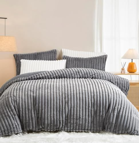 Winter Plüsch Bettwäsche 200x220 Grau Warme Flauschig Flanell Kunstfell | ÖKO-TEX,Gestreift,Winterbettwäsche Allergiker,Teddy Cashmere Touch Biber Bettbezug 2 Kissenbezüge 80x80 mit Reißverschluss