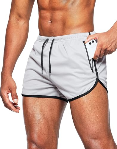 Alienjoy Herrshorts, sportbyxor, löpshorts, 3 tum, sommar, träningsbyxor, fitness, utomhus, sportbyxor, atletiska joggingshorts med dragkedjefickor, GRÅ, M