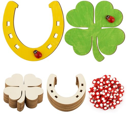 BETESSIN 124pcs Glücksbringer Streudeko Holz Silvester Deko Kleeblatt Tischdeko Selbstklebend Marienkäfer Beschreibbar Holz Scheibe Hufeisen Geschenkanhänger für Neujahr Adventskalender Give-Away