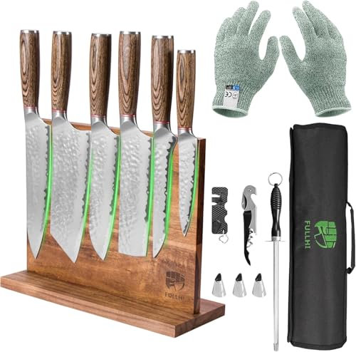 FULLHI Lot de 13 couteaux de boucher japonais en acier inoxydable avec sac à roulettes et support magnétique pour bloc à couteaux