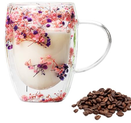 Tasse en Verre À Double Paroi avec Fleurs Sèches - Tasse À Café De 350 ML avec Fleurs Sèches | | Tasse À Café en Verre À Double Paroi avec Poignée pour Boissons Chaudes,Cuisine,Cappuccino, Cadeau