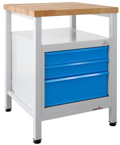 Steinbock Werkbank mit 3 Schubladen und 1 Ablageboden | 300 kg Tragkraft | HxBxT 84 x 60 x 60 cm | Lichtblau | 4 cm Starke geölte Holzplatte | stabiles Stahlgestell | Made in EU | Werktisch