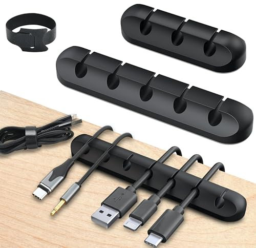 AG LogiShop Kit 3 Organizador de Cables Escritorio + 10 Bridas Reutilizables | Sujeta Cables Adhesivo para Ordenar Cables en Oficinas y Hogares (Negro)