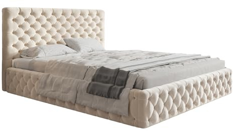 Emporius Doppelbett 140x200 Furis - Polsterbett mit Samtstoff, Schlafzimmerbett 140x200 - Bettkasten, Lattenrost, Design Bett (Beige - Amor Velvet 4302)