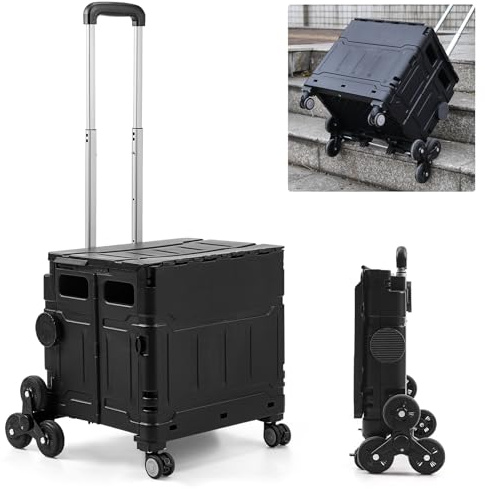 The Fellie Trolley Box Cart with One-piece Lid, 75L & 50KG Load Capacity Folding Shopping Cart Trolley, Boot Cart on 8 Wheels & Telescopic Handle for Shopping Camping Picnic Office Laundry(Black)