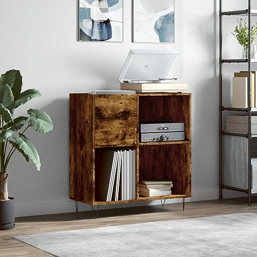 ARKEM Mobile Porta Dischi Rovere Fumo 84,5x38x89 cm Legno Multistrato,Supporto per Giradischi,Supporto per Giradischi in Legno, Supporto per Giradischi con Spazio di archiviazione